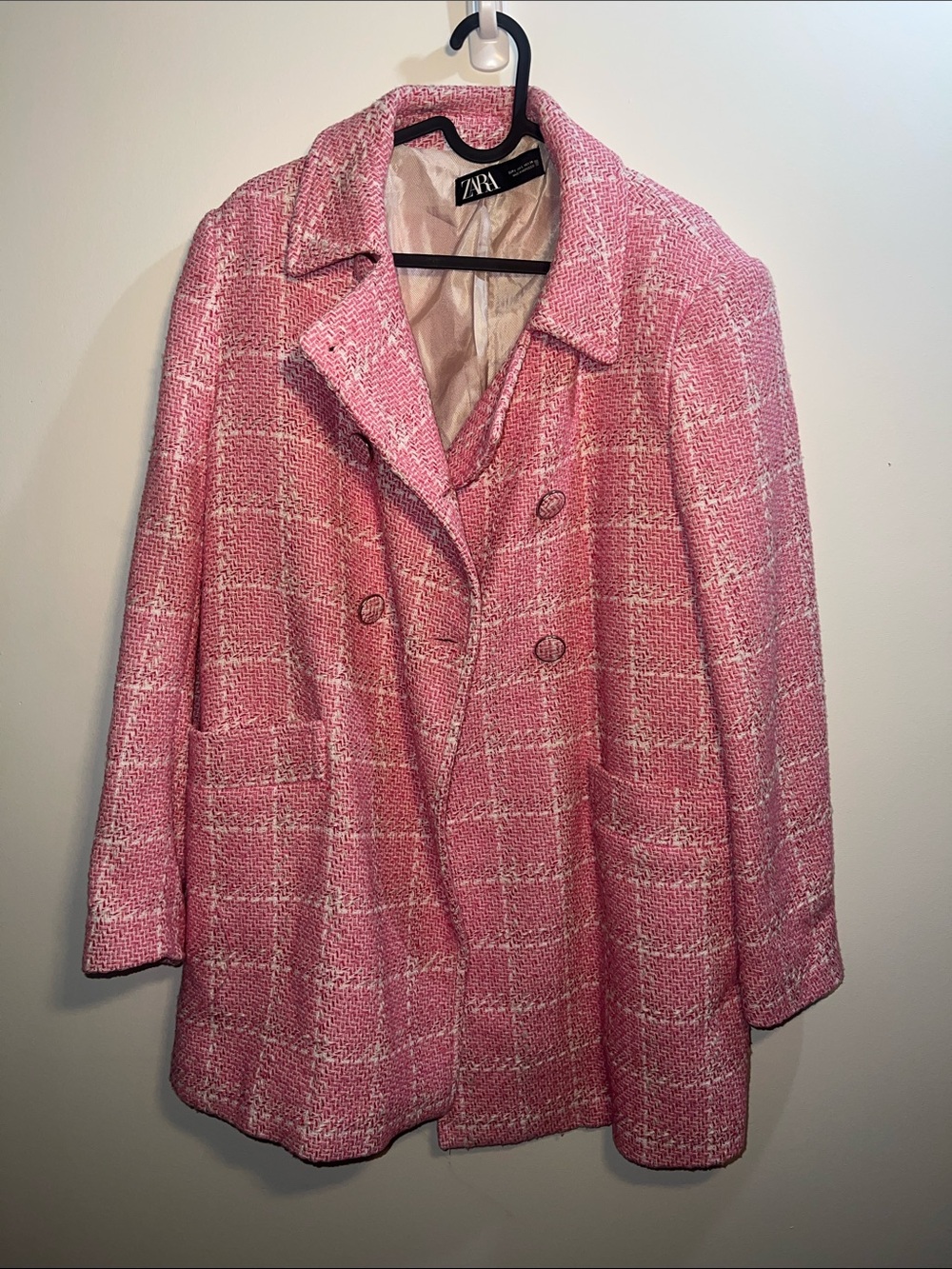 Zara Pink Tweed Double-Breasted Pea Coat